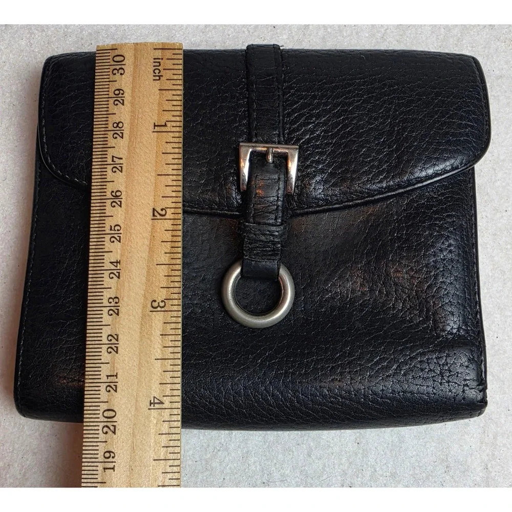 Authentic Black Pebbled Leather Trifold Wallet Buckle Ring Detail Made in Italy